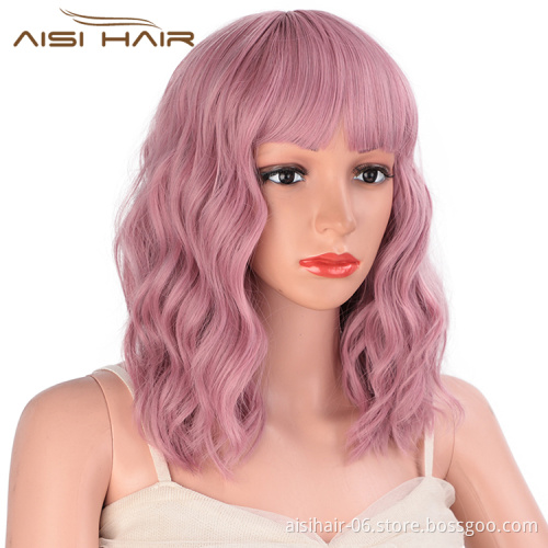 Aisi Hair Wholesale Hign Quality Synthetic Short Bob Pink Wig With Neat Bangs Short Curly Wave Wigs For Black Women
